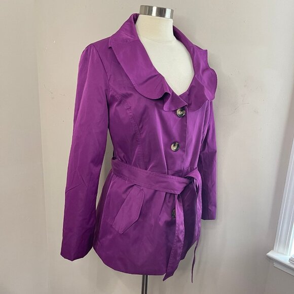 SANDRO STUDIO Purple Ruffle Trim All-Weather Lightweight Jacket Tie Belt, Large - Picture 5 of 11